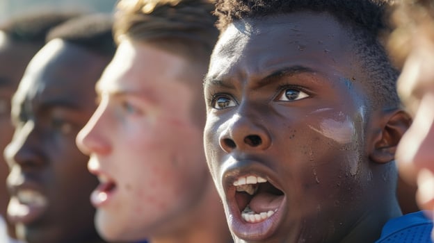 Closeup of a players mouth shouting out instructions and encouragement to his team in the huddle photo