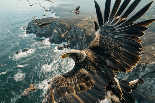 Eagles Soaring Above Rocky Coastal Cliffs photo