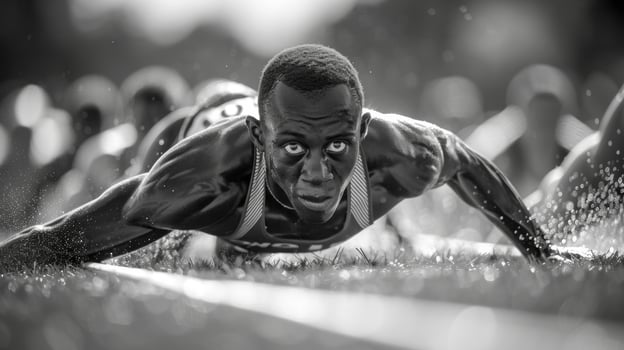 Focus and determination etched in every line of a sprinters face as they prepare to explode out of the starting blocks photo