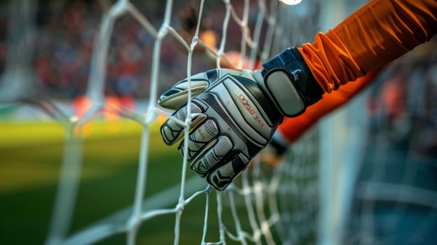A closeup of the goalkeepers hands as they stretch to block the goal photo