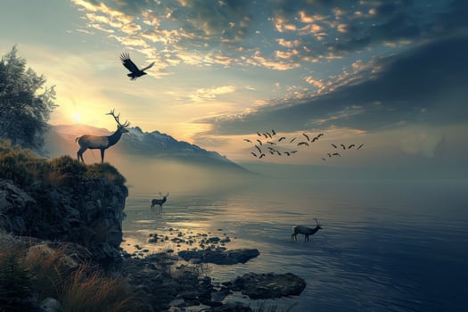 Deer and Birds by Serene Lakeside at Sunset photo