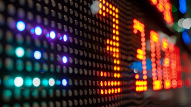 The electronic scoreboard flashing bright colors and numbers to display the time and current score photo