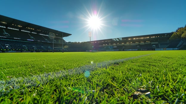The smell of freshly grass wafts through the air as the sun shines down on the rugby stadium photo
