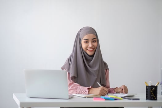 Smiling Muslim business woman Wearing a hijab while chatting online on a work desk in the office. photo