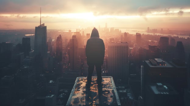 A figure in silhouette stands atop a building overlooking the sprawling city below ready to take on whatever obstacles come . photo