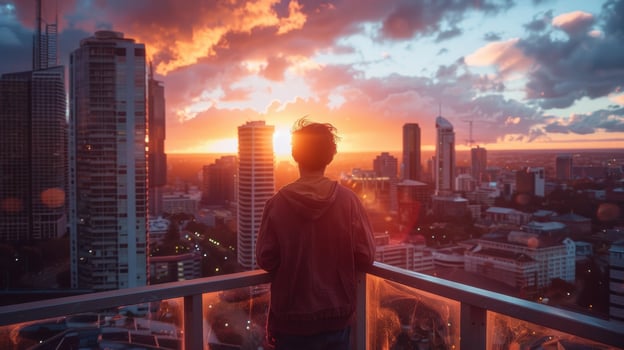 A lone figure stands on a balcony overlooking a bustling city back facing the camera lost in thought as they take in the stunning . photo