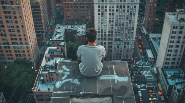 A man sits on the edge of a highrise balcony back to the camera as takes in the urban landscape before him. . photo