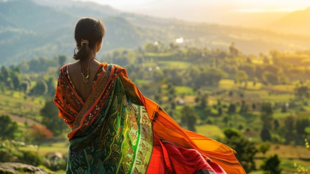 A person stands with back towards the camera hands clasped behind them as they gaze out at the sprawling countryside. The vibrant . photo