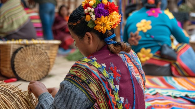 A woman hair adorned with colorful flowers sits alone on a blanket deep in concentration as weaves a beautiful basket with . photo