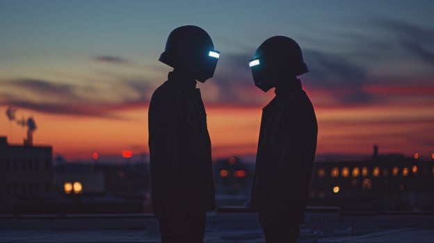 Two figures stand back to back on a rooftop identities hidden behind reflective visors. They seem to be in deep conversation . photo