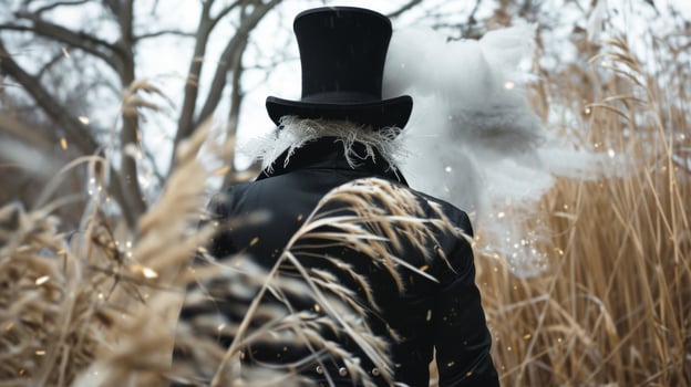 A mysterious figure in a top hat and long coat stands with back to the camera face obscured by a giant fan of pea feathers. . photo