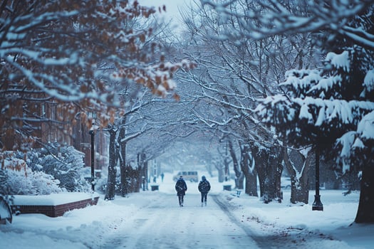 As snow falls quietly, students in dark coats form a contrast against the cold, white path to school photo