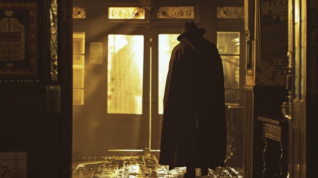 A figure stands with back turned silhouette outlined by the warm light spilling out from behind the closed saloon doors. . photo