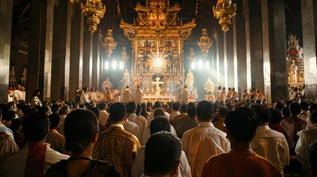 A hushed crowd facing away from the photographer dressed in traditional religious attire participating in a solemn ceremony under . photo