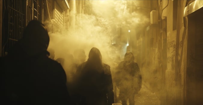 Silhouettes of futuristic street dwellers mingle in the hazy glow of the alley faces obscured by the thick vapor of industrial . photo