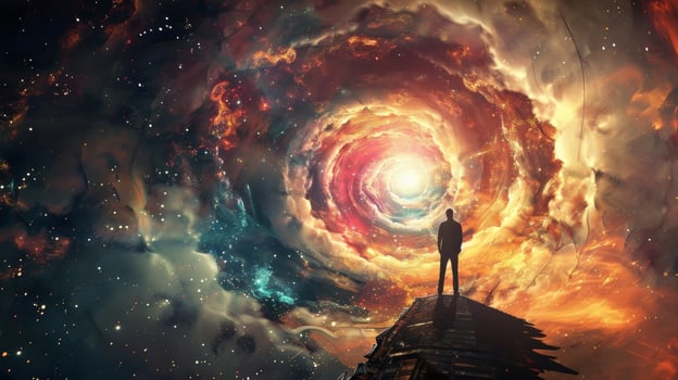 A silhouetted figure stands atop a platform their hand resting on a lever as they look out over a vast swirling vortex of colors and . photo