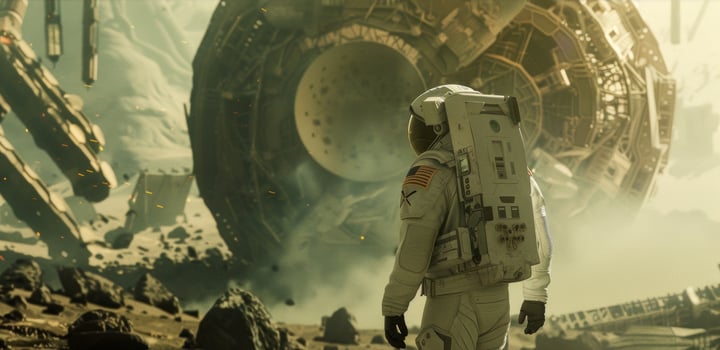 Against a backdrop of intricate technological machinery an astronaut their back towards the camera intently studies a large unearthed . photo