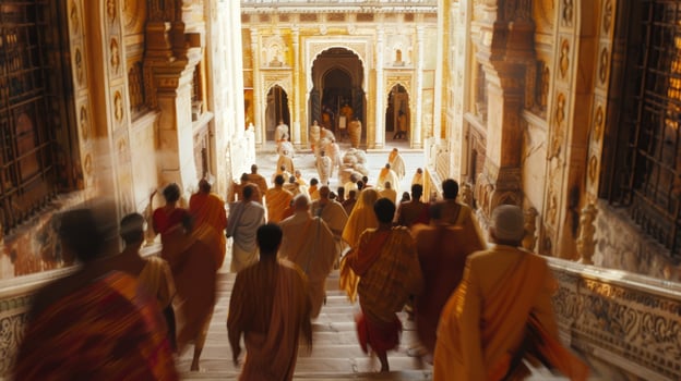 A group of figures can be seen walking down the palaces grand staircase their backs facing the camera. Despite their blurred appearance . photo