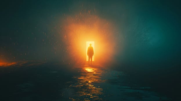 A lone figure stands at the entrance of the gateway their back turned as they contemplate the decision to cross over into the parallel . photo