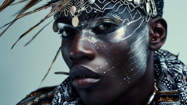 A black man stares confidently into the unknown future his head adorned with a mix of traditional African prints and futuristic metallic elements creating a striking contrast. His photo