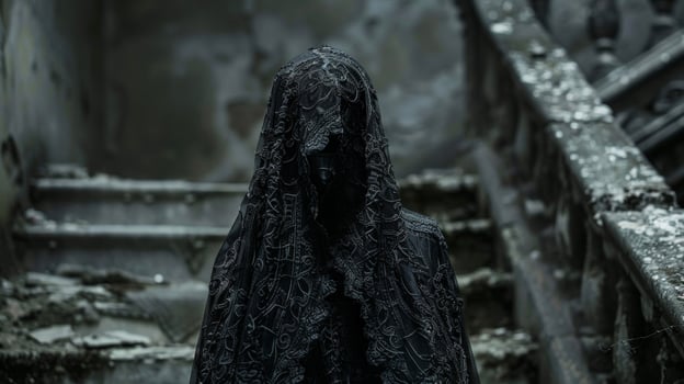 A lone figure in all black stands atop a decaying staircase their face hidden behind an intricately designed black lace veil. The contrast of their pale skin against the darkness brings photo