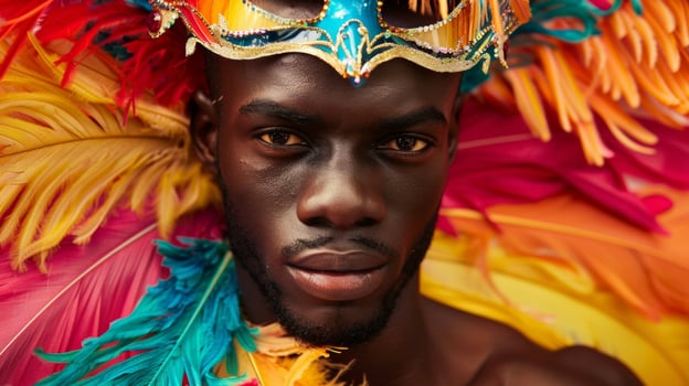 A handsome black man is adorned with a luxurious feathered mask adding an air of mystery to his sharp features and confident stance amidst the kaleidoscope of colors at the carnival. photo