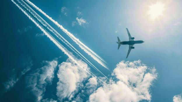 A passenger plane soaring through blue skies while leaving behind a trail of white clouds. A caption reads Embracing cleaner energy for a greener future. photo