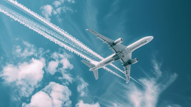 A photo of a commercial airplane soaring through the sky with a trail of white clouds behind it symbolizing the journey towards more sustainable aviation practices.