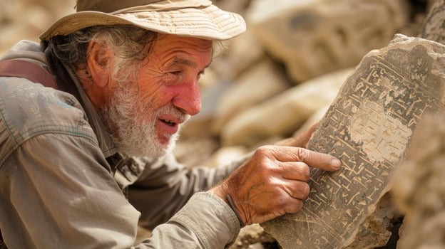 At the excavation site of an ancient ruin an enthusiastic historian excitedly examines a recently uncovered tablet the inscription just ly visible on its weathered surface. photo