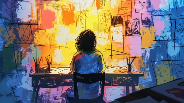 A person sitting at a small table surrounded by pencils and paints intently creating visual representations of their story onto a large storyboard. photo