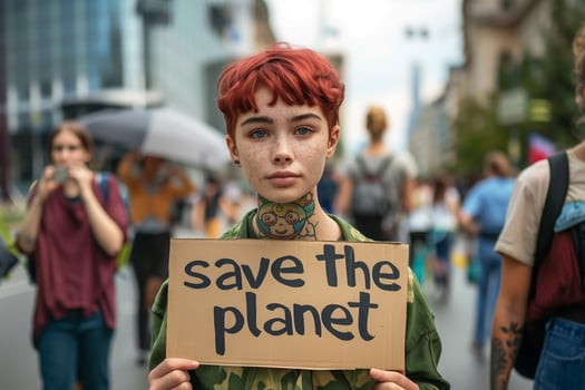 Environmental protection demonstration, female eco activist holding a placard Save the Planet. photo