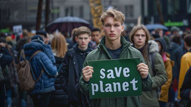 Eco activist students standing on environmental protection demonstration. Teenager holding sign Save Planet. photo
