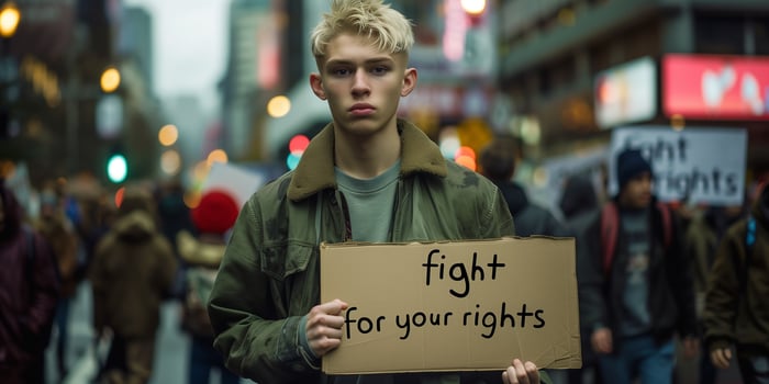 Urban demonstration in defense of human rights. Activist holds sign that says Fight for your rights at city political protest. photo