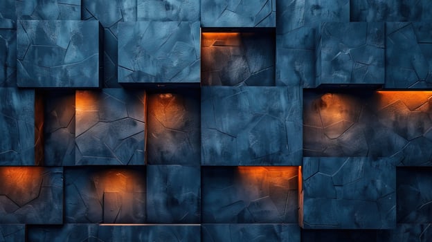 Illuminated Blue Stone Wall Texture with Warm Glowing Lights background , photo