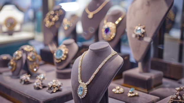 Mannequins showcasing various jewelry pieces in a well-lit jewelry store. photo