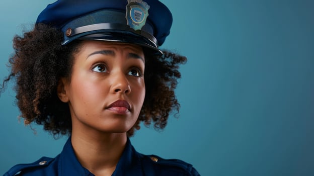 Black female police officer with curly hair and a badge on her hat looks up thoughtfully against a blue background. photo