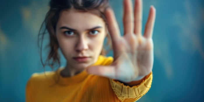 woman raised her hand for dissuade, Abuse, stop violence against women. Stop sexual harassment and rape. ai photo