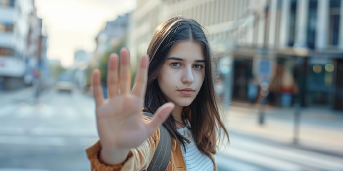 woman raised her hand for dissuade, Abuse, stop violence against women. Stop sexual harassment and rape. ai photo