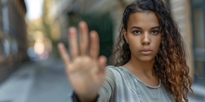 woman raised her hand for dissuade, Abuse, stop violence against women. Stop sexual harassment and rape. ai photo