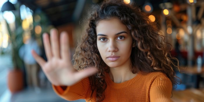 woman raised her hand for dissuade, Abuse, stop violence against women. Stop sexual harassment and rape. ai photo