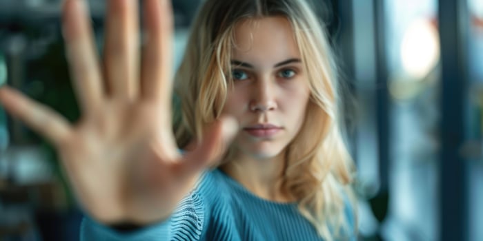 woman raised her hand for dissuade, Abuse, stop violence against women. Stop sexual harassment and rape. ai photo