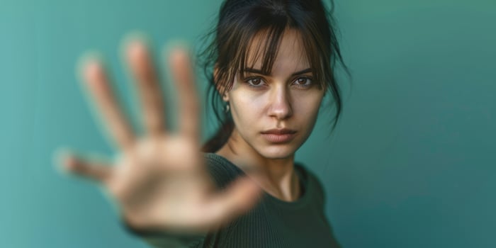 woman raised her hand for dissuade, Abuse, stop violence against women. Stop sexual harassment and rape. ai photo