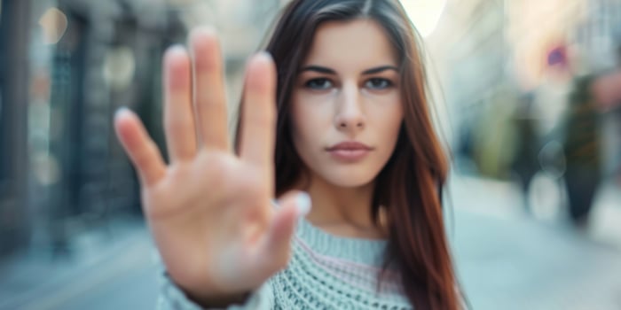 woman raised her hand for dissuade, Abuse, stop violence against women. Stop sexual harassment and rape. ai photo