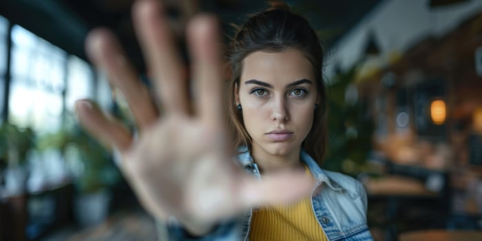 woman raised her hand for dissuade, Abuse, stop violence against women. Stop sexual harassment and rape. ai photo
