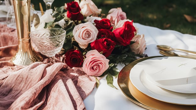 Wedding and event celebration tablescape with flowers, formal dinner table setting with roses and wine, elegant floral table decor for dinner party and holiday decoration, home styling photo