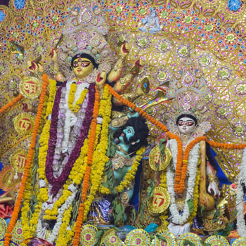 Goddess Durga with traditional look in close up view at a South Kolkata Durga Puja, Durga Puja Idol, A biggest Hindu Navratri festival in India photo