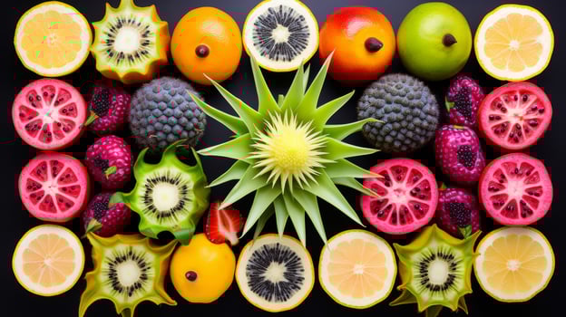 Arrangement colorful exotic fruit symmetrical photo