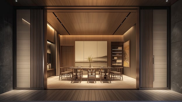 A dining room with wooden floors and a large dining table photo