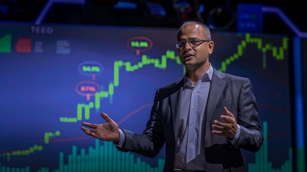 A middle-aged Indian man in a business suit speaks on stage about stock market trends photo