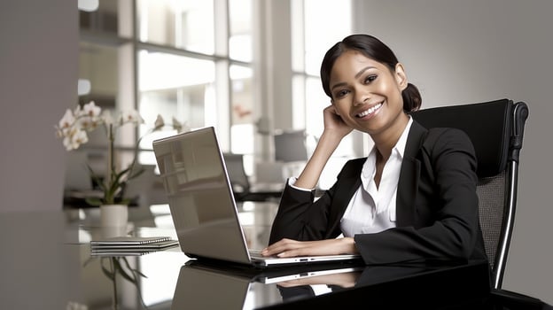 Happy young Indian businesswoman celebrate victory with laptop in office photo
